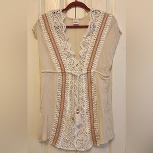 Selfie Leslie Beige and White Crochet Coverup